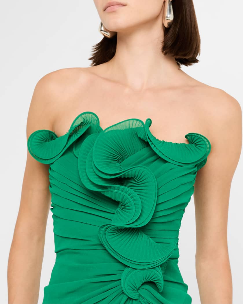 Strapless Pleated Ruffle Column Gown