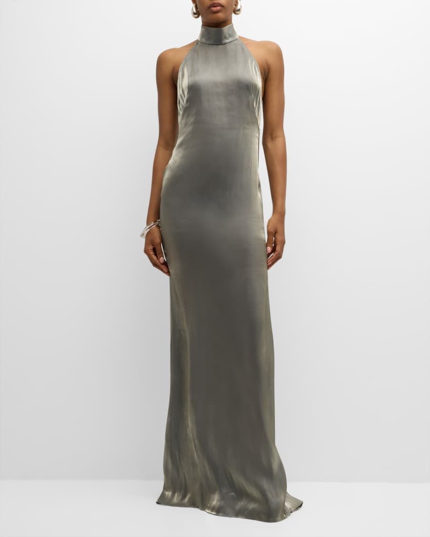 Metallic Organza Backless Halter Gown