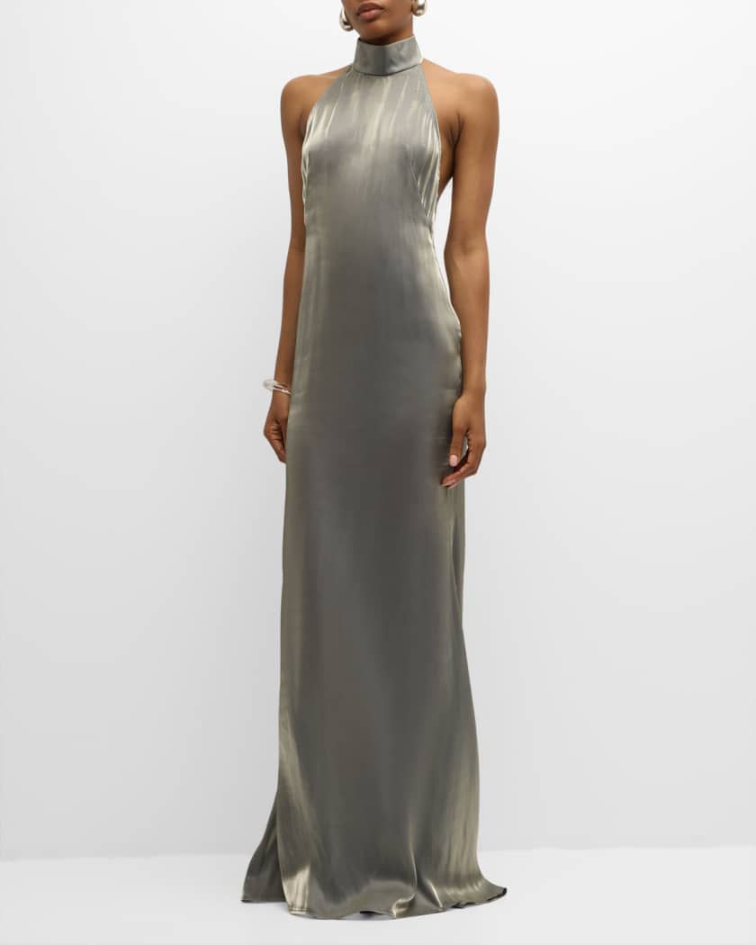 Metallic Organza Backless Halter Gown