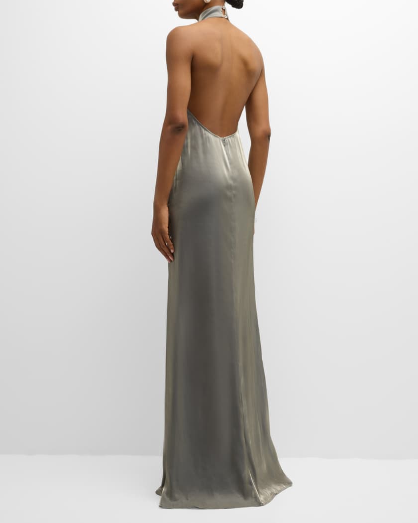 Metallic Organza Backless Halter Gown