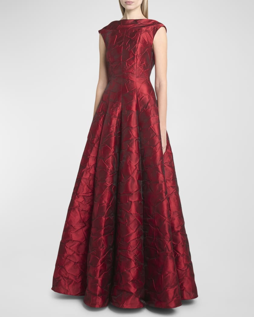 Ruffles Jacquard Cap-Sleeve Gown