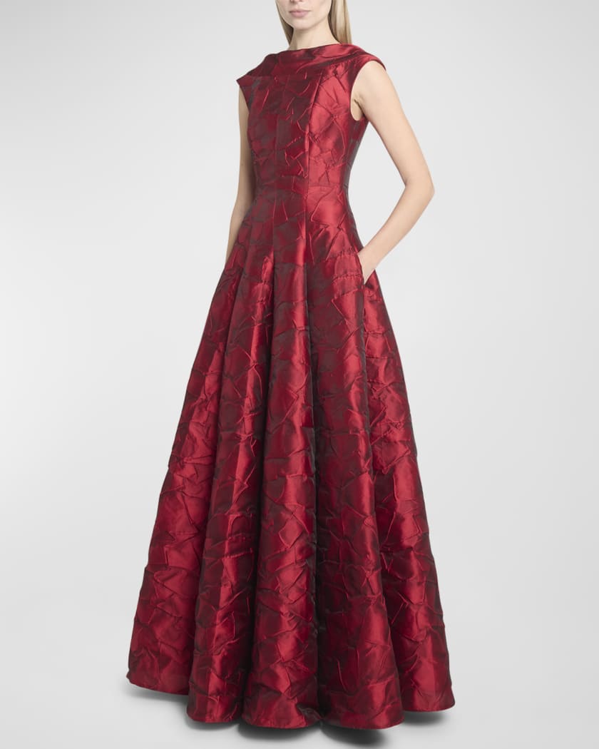 Ruffles Jacquard Cap-Sleeve Gown