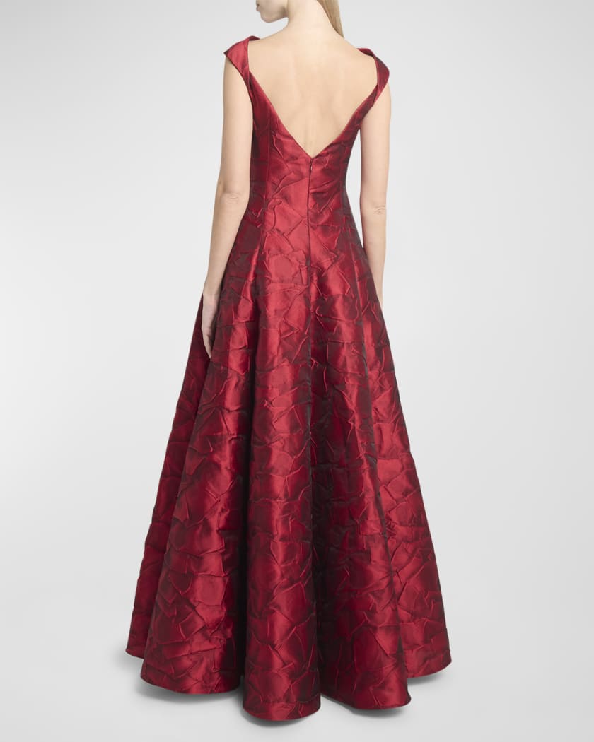 Ruffles Jacquard Cap-Sleeve Gown