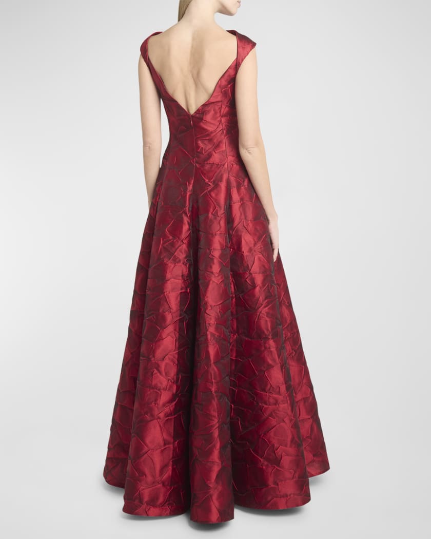 Ruffles Jacquard Cap-Sleeve Gown