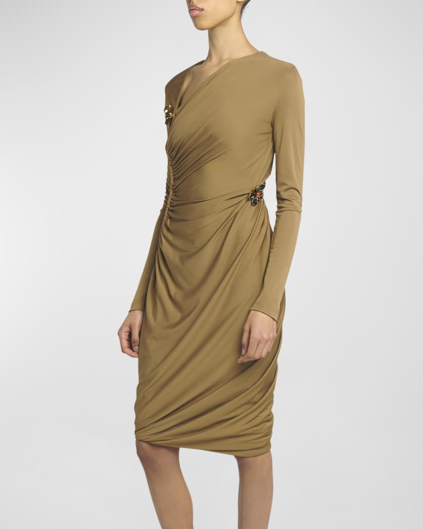 Flower-Applique Long-Sleeve Ruched Matte Crepe Viscose Jersey Dress