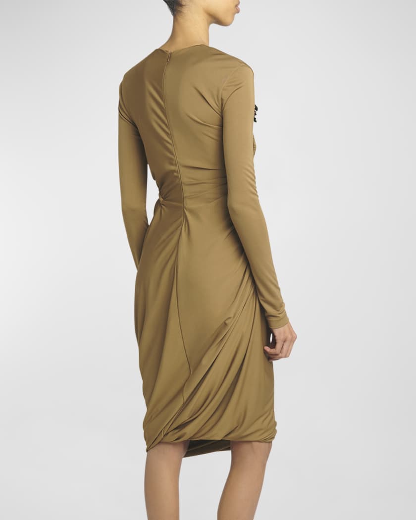 Flower-Applique Long-Sleeve Ruched Matte Crepe Viscose Jersey Dress