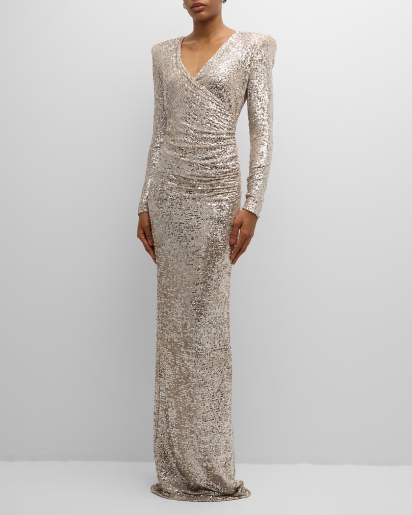 Sequined Column Gathered V-Neck Gown
