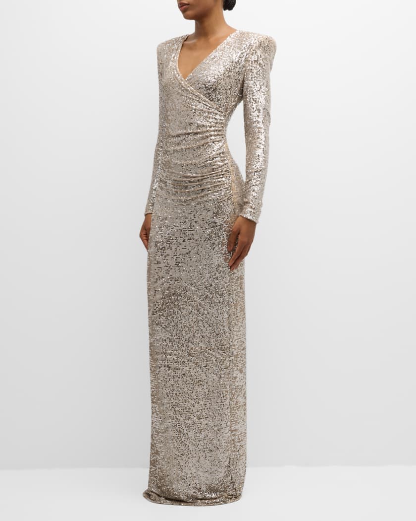 Sequined Column Gathered V-Neck Gown