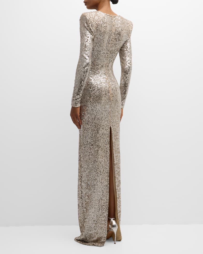 Sequined Column Gathered V-Neck Gown