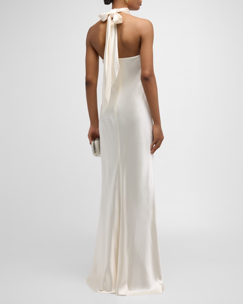 ivory halter neck wedding dress Halter Crepe Wedding Dress with V-Neck and Open Back – MN103 – Viniodress main image 1