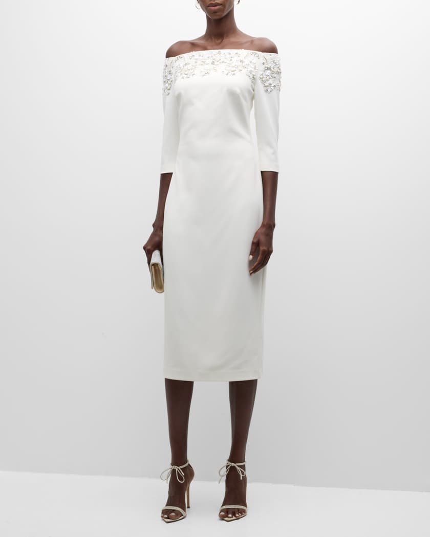 Badgley Mischka Women s Beaded Stretch Crepe Cocktail Midi Dress Light Ivory Size 10