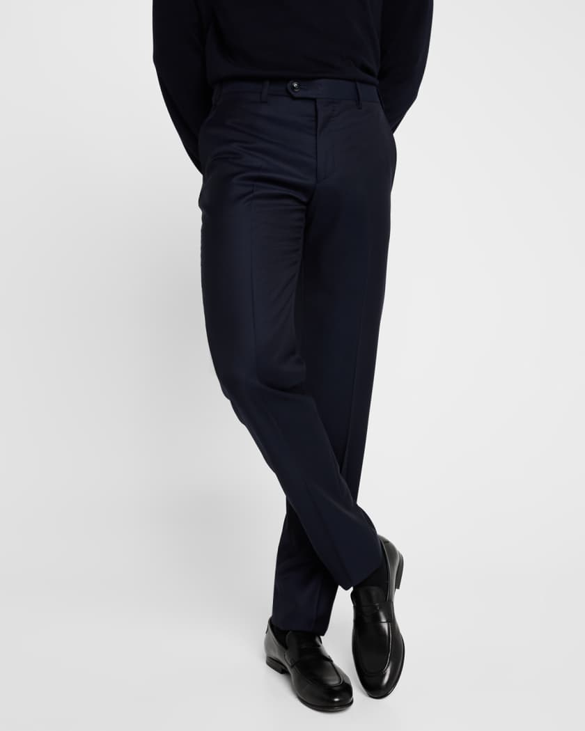Men's Solid Wool Flat-Front Trousers | Neiman Marcus