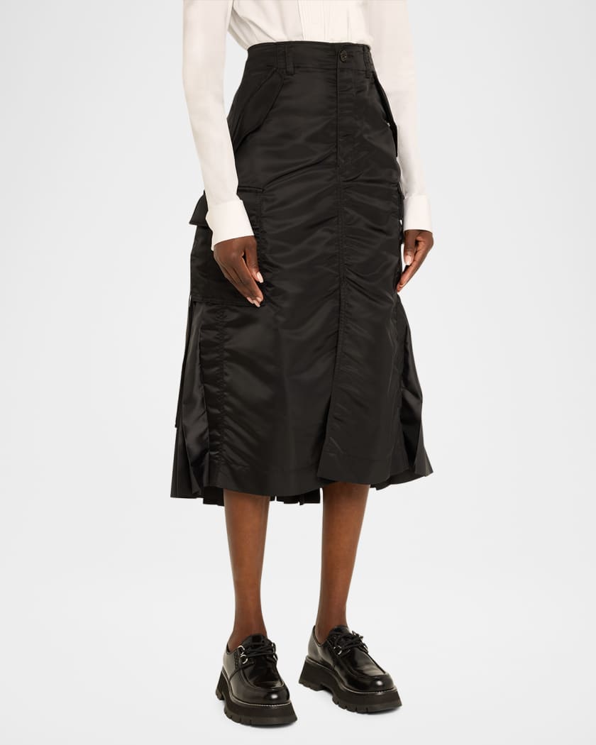 SACAI Nylon-Twill Pleated Cargo Midi Skirt | Neiman Marcus