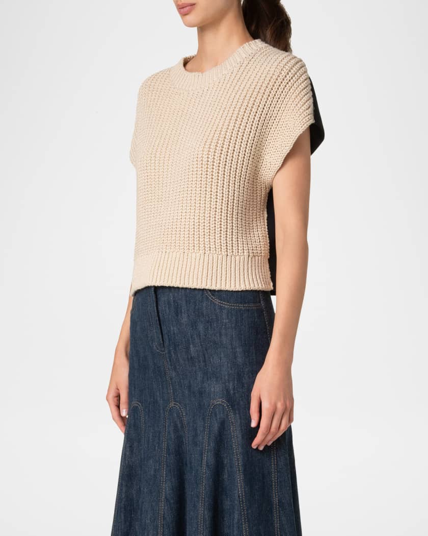 Mixed-Media Colorblock Short-Sleeve Sweater