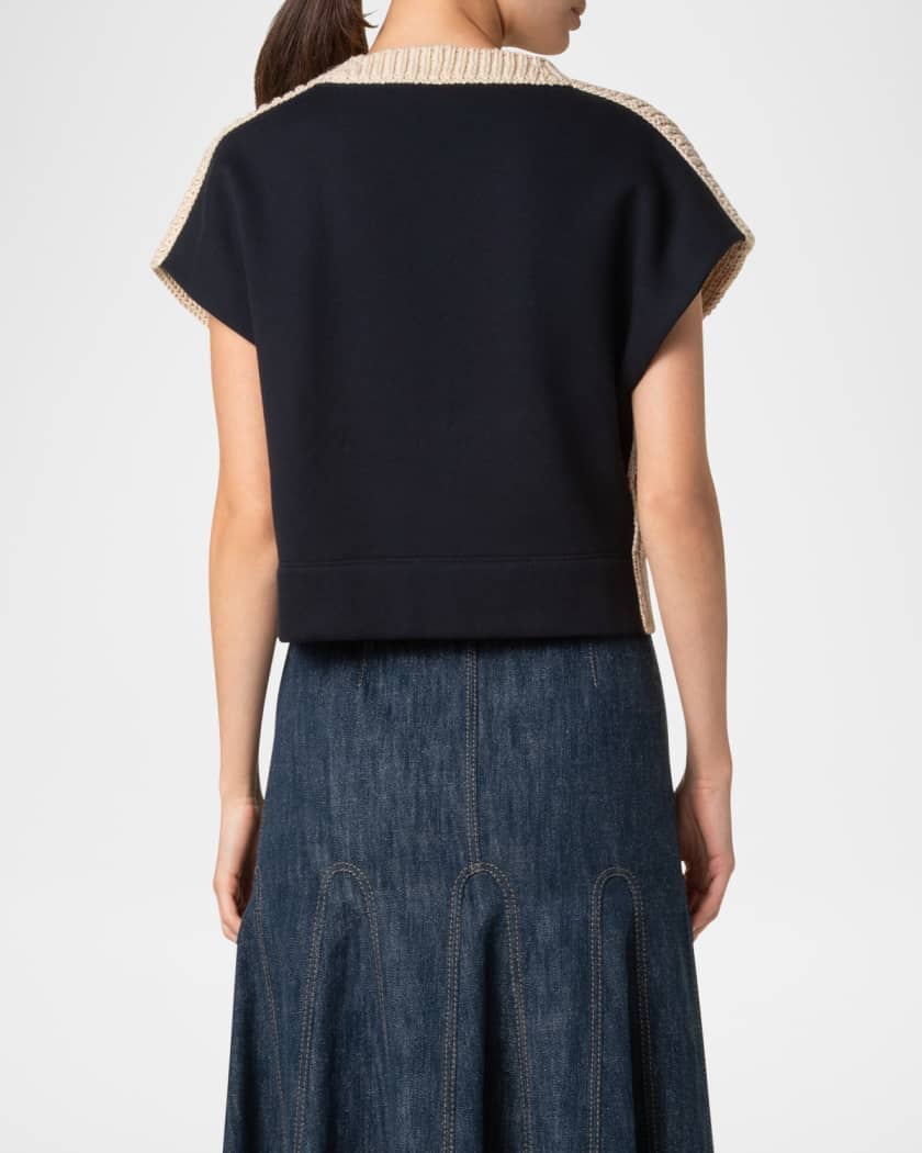 Mixed-Media Colorblock Short-Sleeve Sweater