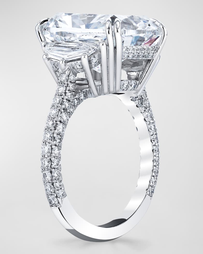 Platinum 3 Stone Ring with Diamond Cushion, Diamond Trapezoid Sides and 3 Row Micro Pave Shank, Size 6.5, 11.64tcw