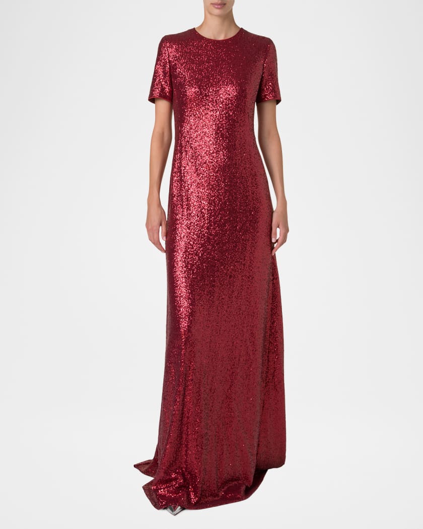 Short-Sleeve Stretch Paillette Jersey Gown
