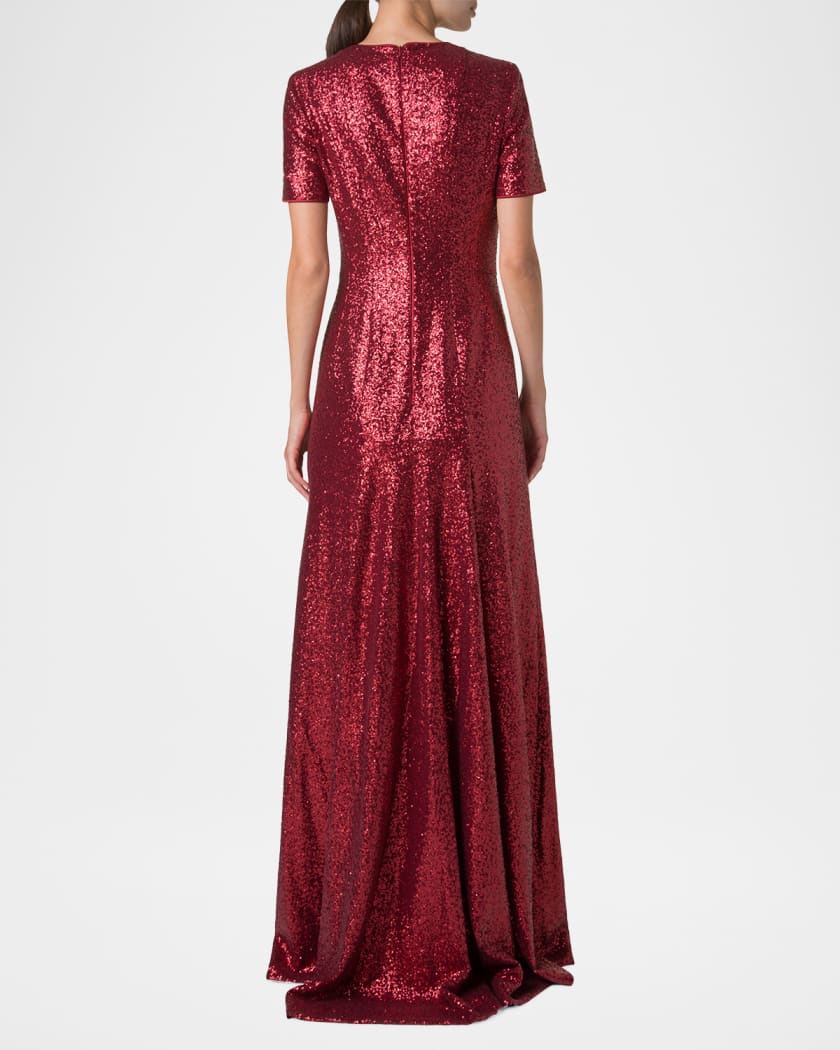 Short-Sleeve Stretch Paillette Jersey Gown
