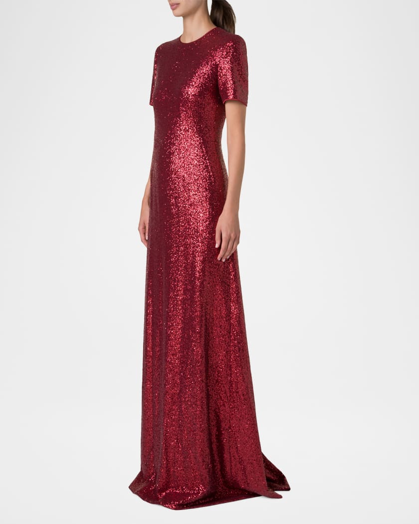 Short-Sleeve Stretch Paillette Jersey Gown