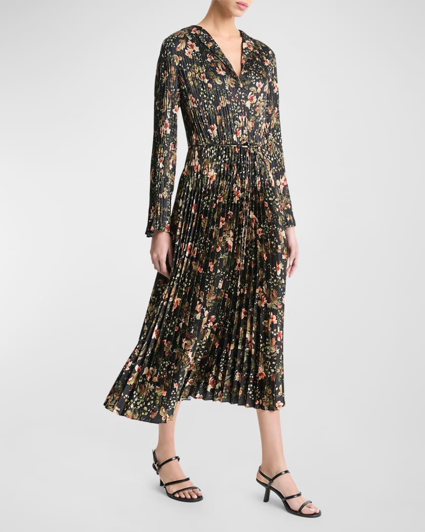Orchid Vine Long-Sleeve Pleated Midi Dress | Neiman Marcus