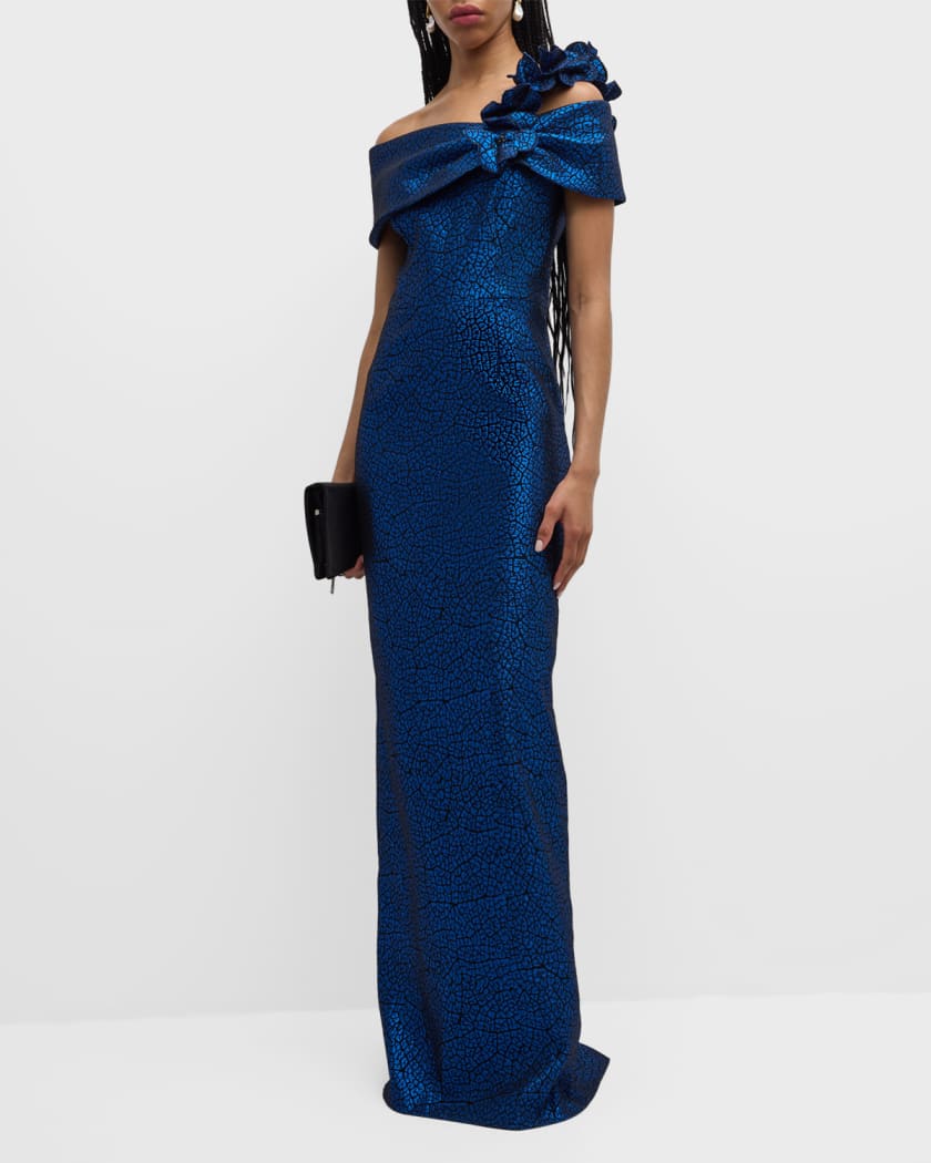 One-Shoulder Metallic Jacquard Column Gown