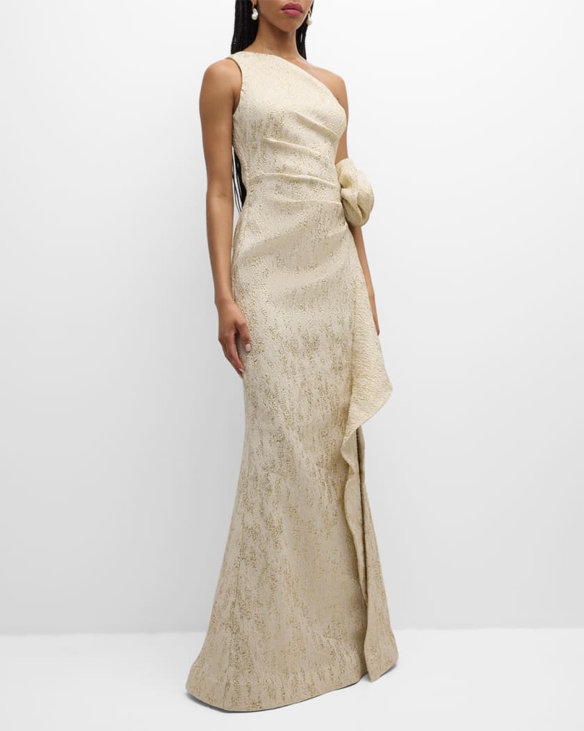 One-Shoulder Metallic Jacquard Trumpet Gown