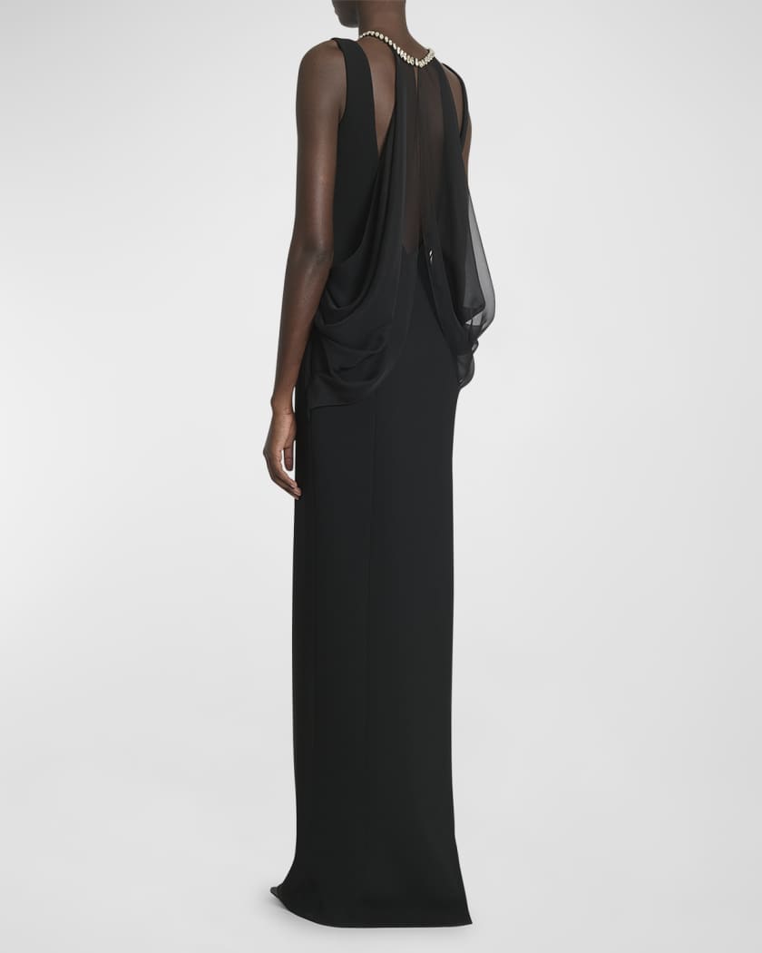 Necklace Draped-Back Long Sleeveless Dress