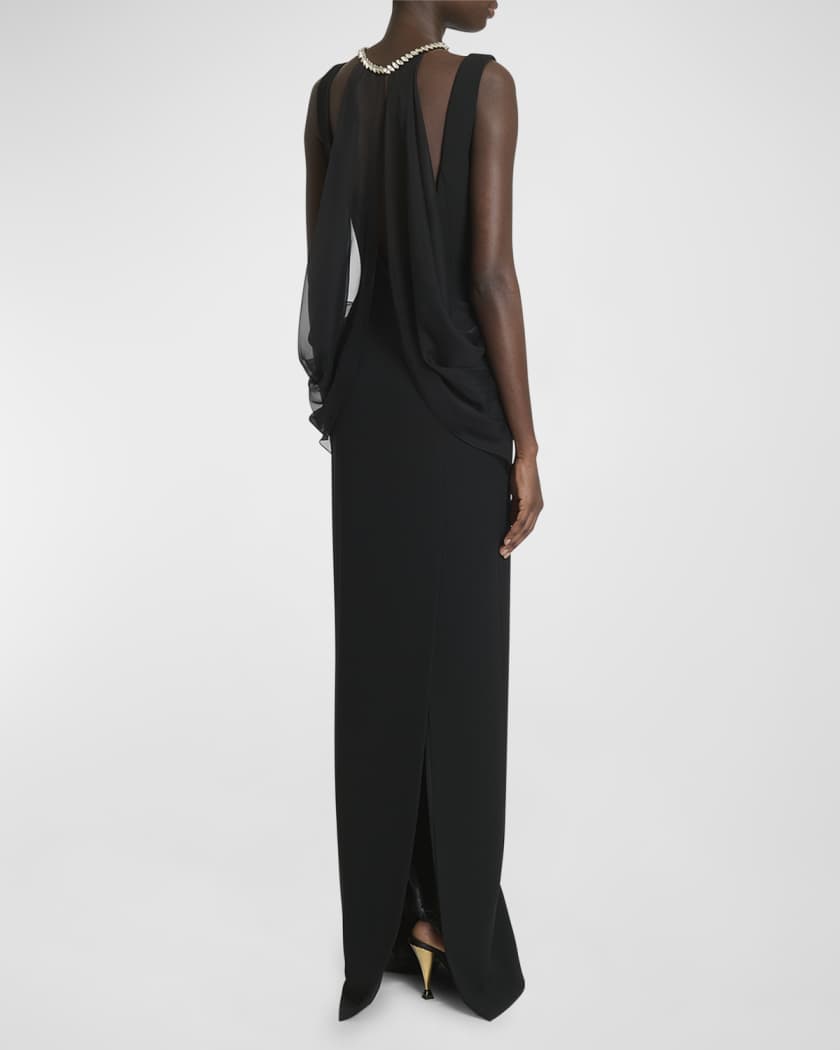 Necklace Draped-Back Long Sleeveless Dress