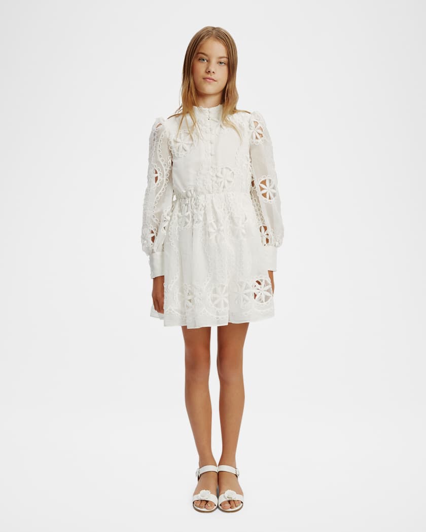 Girl's Fira Floral Embroidered Broderie Dress, Size 7-14