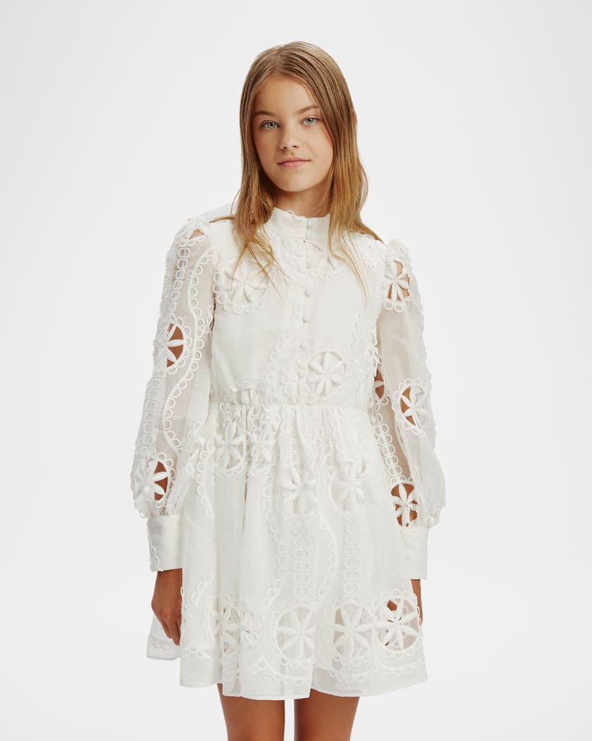 Girl's Fira Floral Embroidered Broderie Dress, Size 7-14