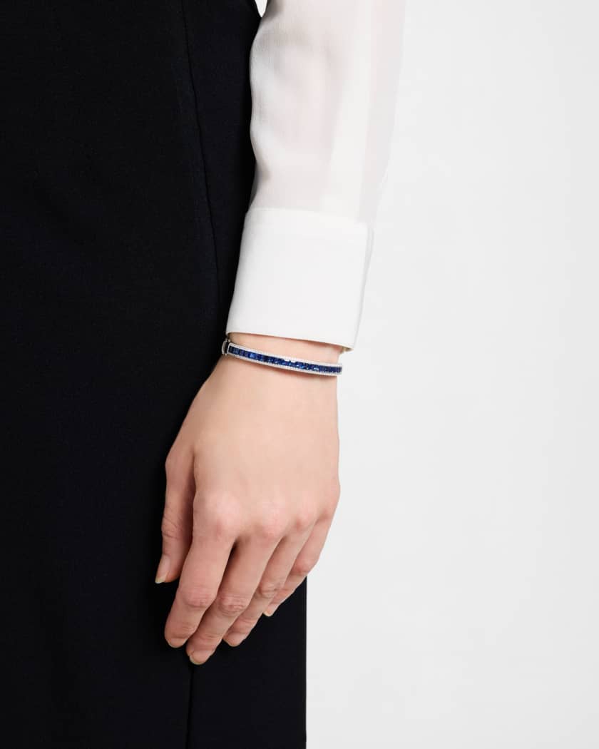 Rainbow 18K White Gold Princess Channel Blue Sapphire and Diamond Triple Row Bangle Bracelet