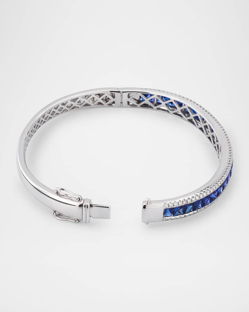 Rainbow 18K White Gold Princess Channel Blue Sapphire and Diamond Triple Row Bangle Bracelet