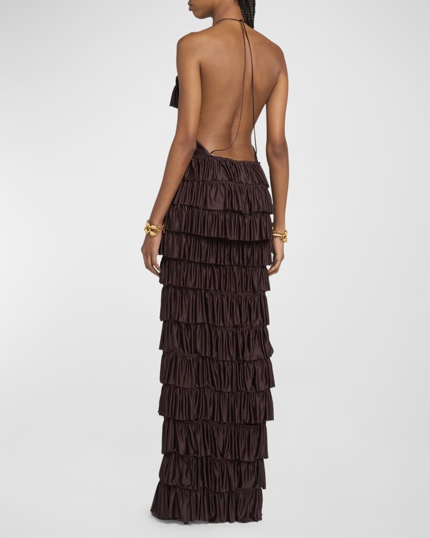 Tiered Ruffle Jersey Halter Gown