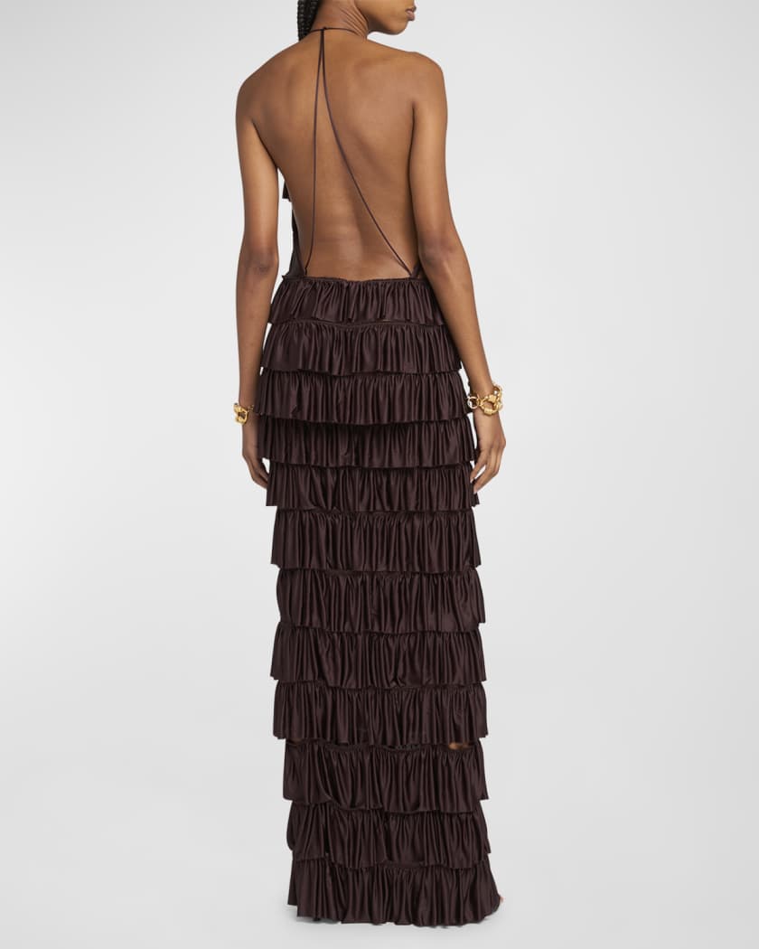 Tiered Ruffle Jersey Halter Gown