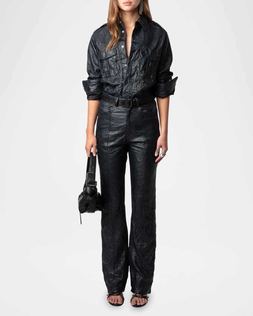 Poete Crinkled Leather Trousers