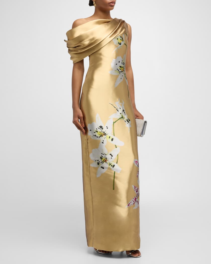 Draped One-Shoulder Metal Orchid Gown