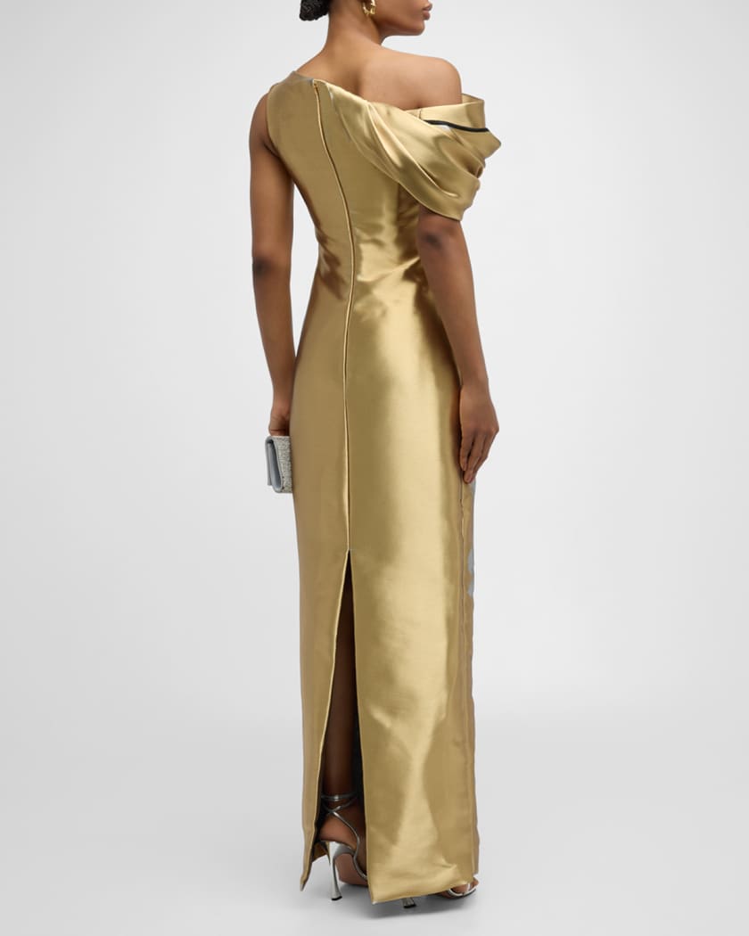 Draped One-Shoulder Metal Orchid Gown