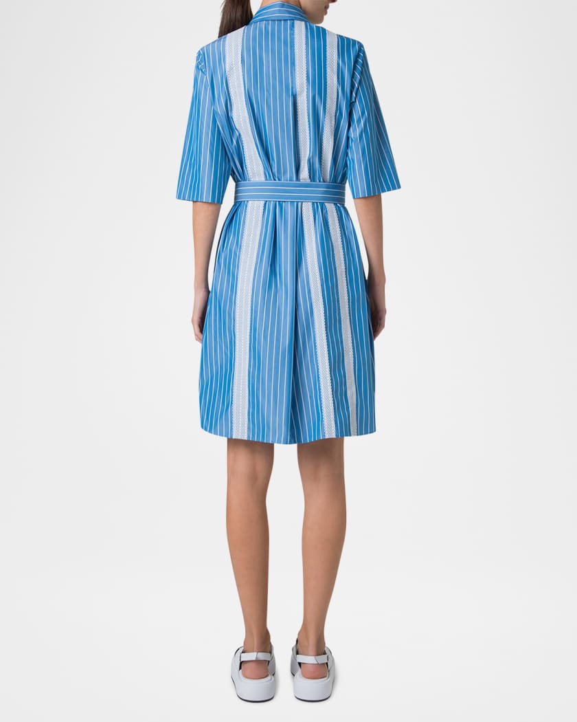 Striped Cotton Poplin Belted Short-Sleeve Shirtdress