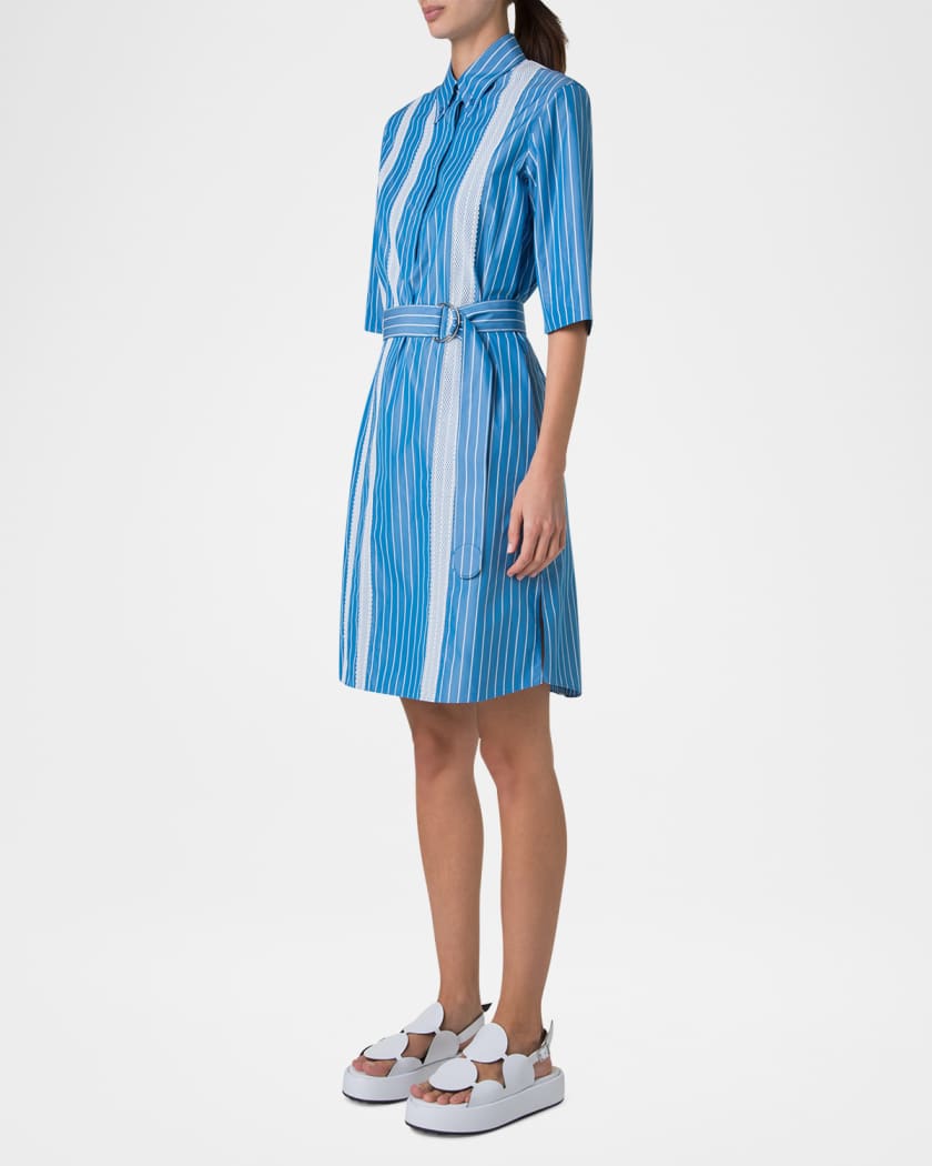 Striped Cotton Poplin Belted Short-Sleeve Shirtdress
