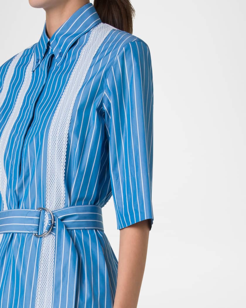 Striped Cotton Poplin Belted Short-Sleeve Shirtdress