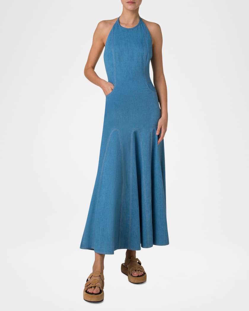 Mixed-Media Halter Pleated Midi Dress