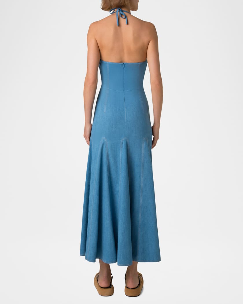 Mixed-Media Halter Pleated Midi Dress
