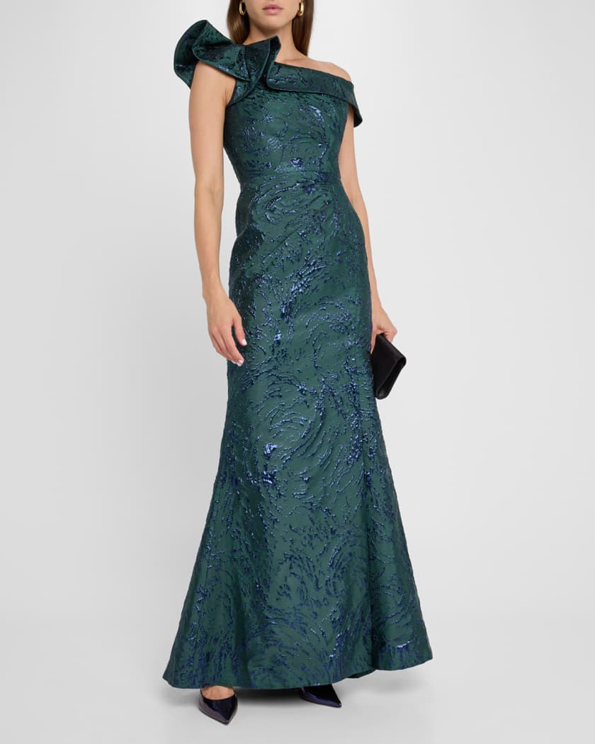 One-Shoulder Ruffle Jacquard Gown