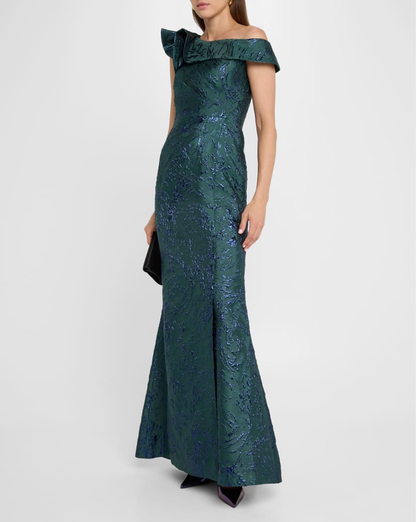 One-Shoulder Ruffle Jacquard Gown