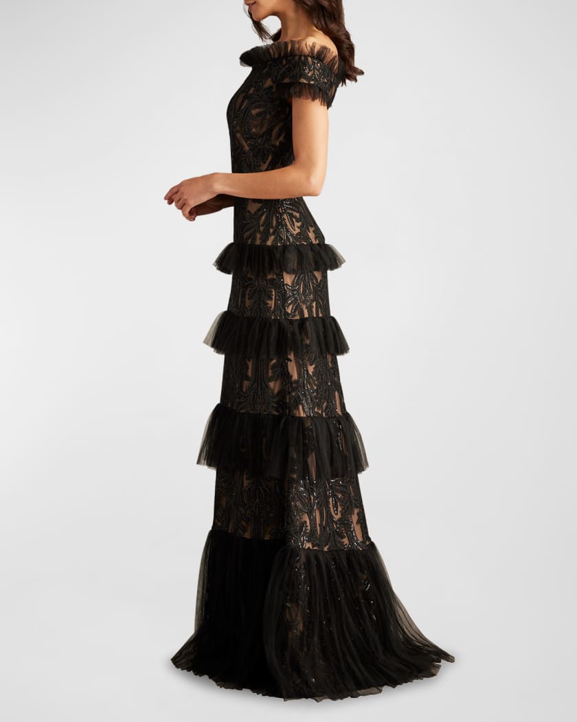 Tiered Off-Shoulder Sequin Lace Gown