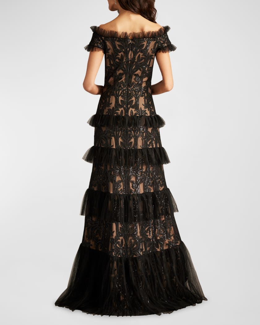 Tiered Off-Shoulder Sequin Lace Gown
