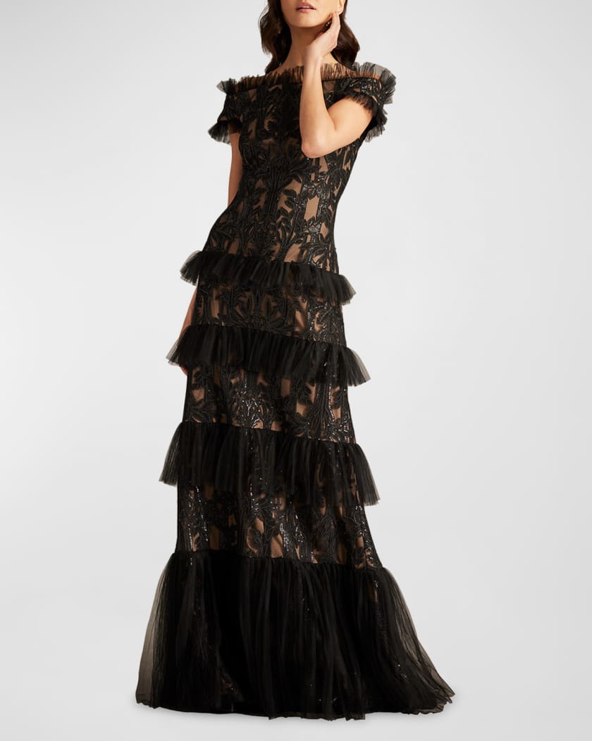 Tiered Off-Shoulder Sequin Lace Gown