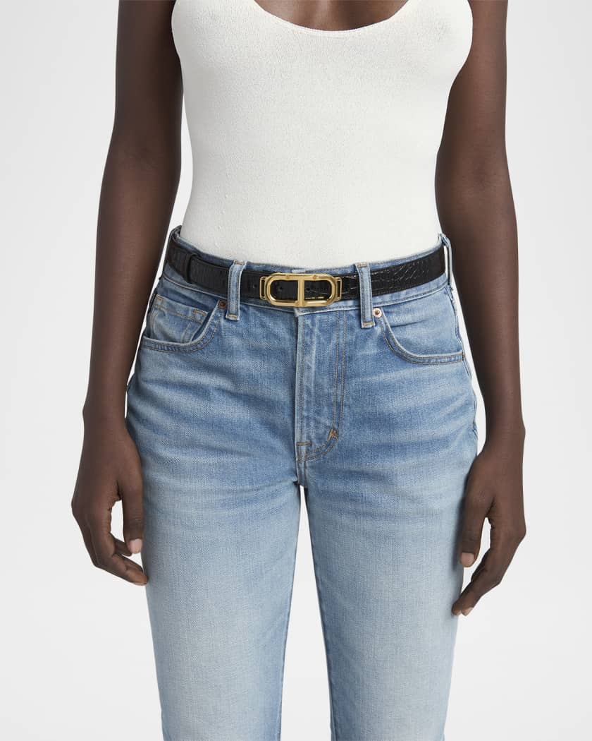 Glossy Croc-Stamped Leather Skinny Belt