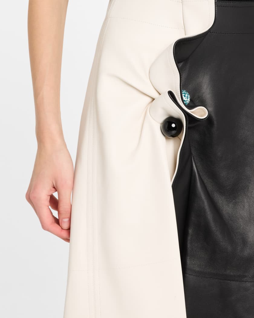 Colorblock Leather Gathered Midi Skirt