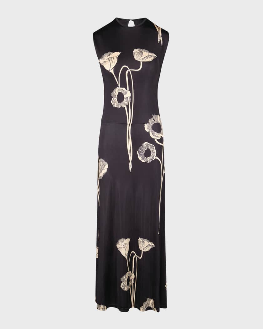 Oriental Chronicles Poppy-Print Sleeveless Ankle Dress
